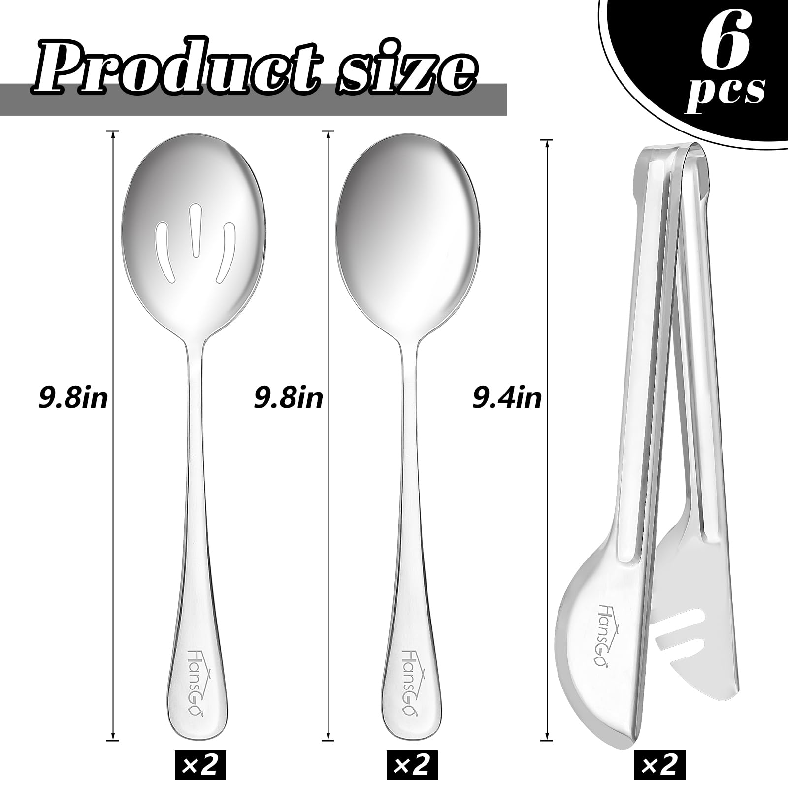 Hansgo Serving Utensils Stainless Steel, 6Pcs Large Serving Utensils Including 2 Serving Spoons, 2 Slotted Spoons, 2 Serving Ton